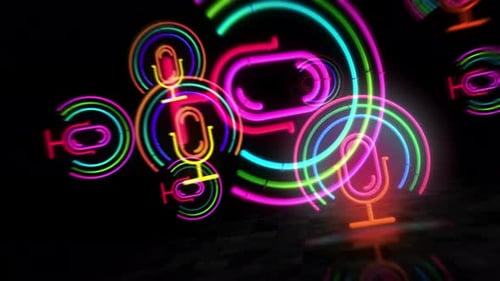 Microphone icon music podcast symbol neon symbol 3d flight between