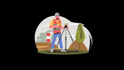 Topógrafo trabajando en un paisaje con equipo