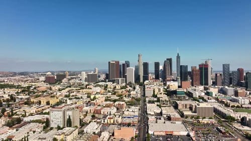 Downtown LA Towers From Air Aerial Shot of Los Angeles City Center American Skyline Over Downtown LA