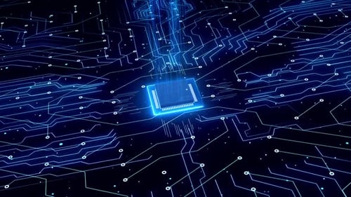 Futuristic Digital Circuit Board with Glowing CPU Animation