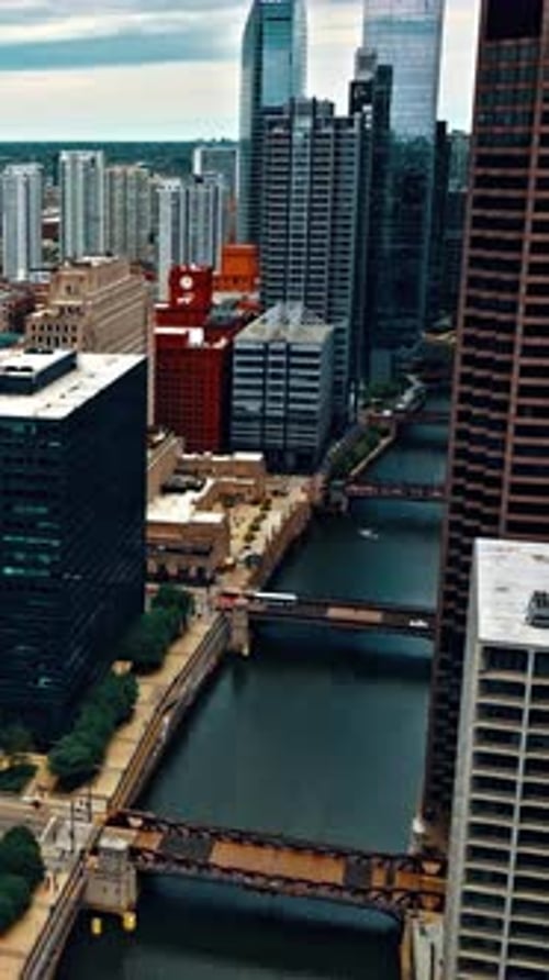 Aerial view of Chicago showcasing urban architecture and waterways