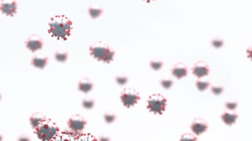 Digital animation of multiple covid 19 cells floating against white background