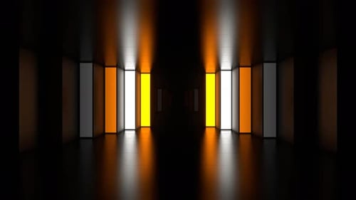 Korridor mit orangefarbenen und weißen neonfarbenen Stufenwänden als Hintergrund, VJ Loop in 4K