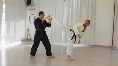 Two Men Sparring in Martial Arts Uniforms