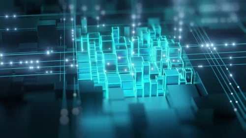 Cuadrícula digital futurista con brillantes cubos de estructura alámbrica