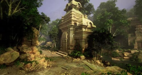Ancient Temple Ruins Nestled in a Lush Jungle Surrounded By Vibrant Foliage