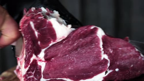 Chef Male Hands Cutting Fresh Raw Meat Piece Sharp Knife Cooking Steak Restaurant Kitchen Closeup