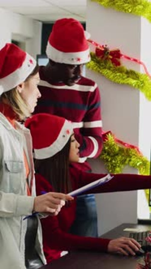 Vertical Video Staff Brainstorming in Xmas Office