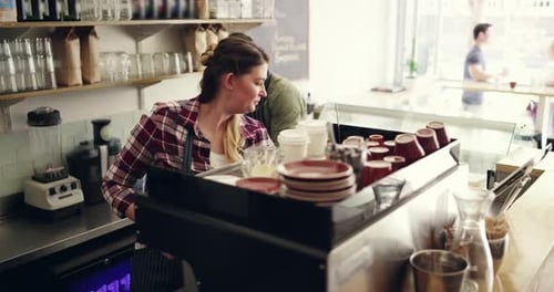 Coffee shop customer, barista teamwork or team serving morning caffeine beverage