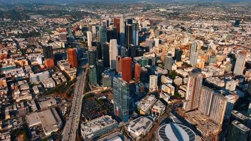 Huge wide-lane highway leading to the downtown of Los Angeles, California, USA.
