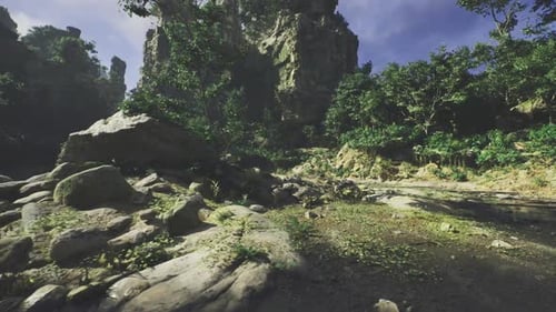 Beautiful View Showing Mosscovered Stones Under Cliffs with Foliage