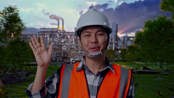 Close Up Of Male Engineer Smiling To Camera And Waving Hand Saying Bye ...