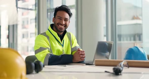 Face, happy man or architect on laptop for floor plan, engineering planning or project inspection
