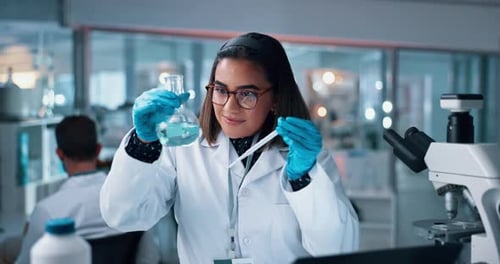 Laboratory, woman and chemical dropper with testing for chemistry, smile and medical research