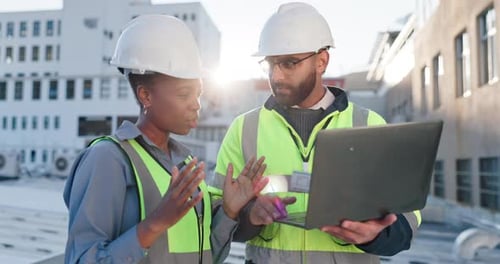 Construction, laptop and people with green technician and teamwork on rooftop for contractor