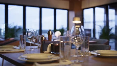 Empty Restaurant Bar Interior at Romantic Dinner Evening. Stylish Loft Style Decor