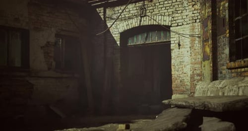 Mysterious Alleyway with Old Brick Walls and a Dark Entrance at Dusk