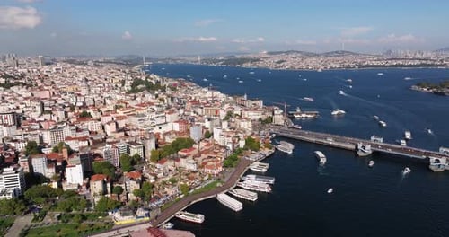 Beautiful Drone Shot Above Karakoy, Istanbul. Aerial View of Bosphorus Strait in Turkish City