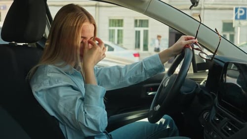 Tired Woman Driving Take Off Eyeglasses Vision Rubbing Eyes Car Girl Female Traffic Jam Auto