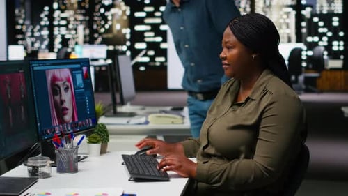 Woman Expert Developer Works with Photo Editing Software and AI