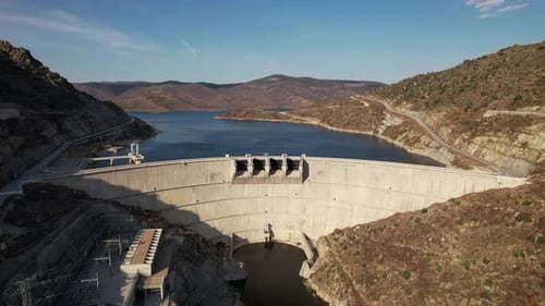 Aerial view of the Dam with reservoir, Torre de Moncorvo, Portugal