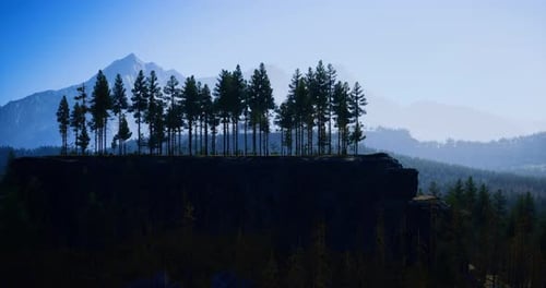 Tall Trees Atop a Rocky Cliff Under a Clear Blue Sky in a Mountainous Region