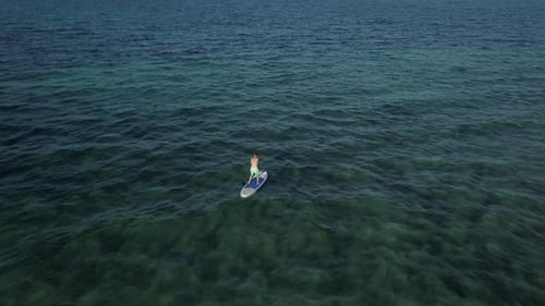 Caucasian Man Paddle Surfing in the Sea on Crystal Clear Waters