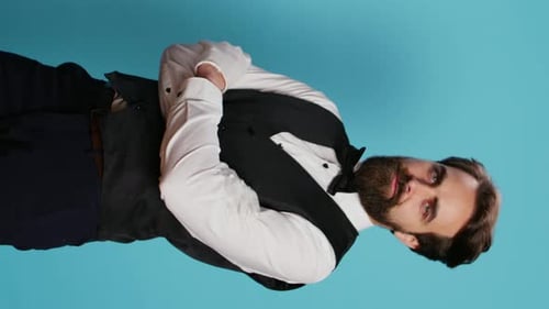 Vertical Video Hotel Porter with Baggage in Studio