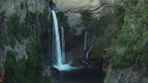 Establishing shot of Bride's Veil cascade in a national park of Chile at daytime