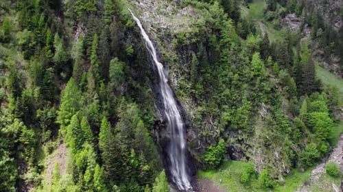 Pull back and reveal of a waterfall and trees in a lush meadow, aerial