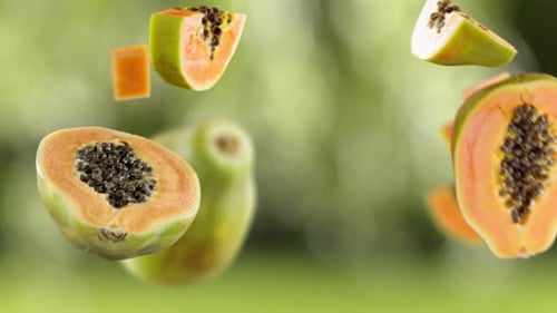 Flying Apricot and Apricots Slices in Green Garden Orchard Shiny Background