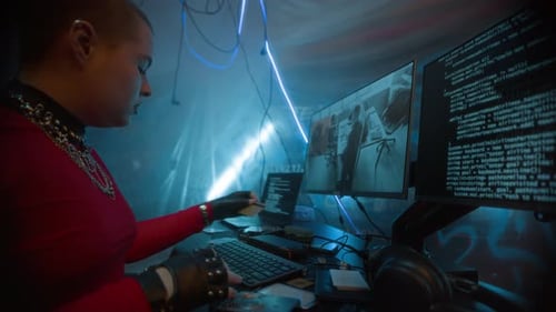 Woman Hacker in Dark Room Typing Code