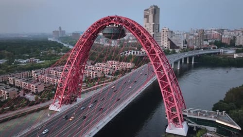 Flying Over A Picturesque Bridge In Moscow