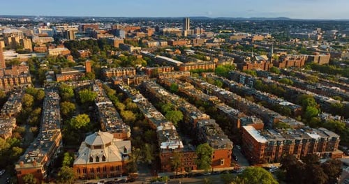 View of sunlit facades of old multistoried buildings of Boston, Massachusetts, USA.