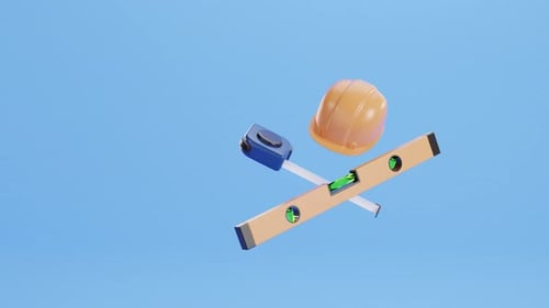 Loop animation of construction tools - spirit level, hard hat and tape measure. Building industry