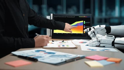 A professional scene where an AI-powered assistant supports consultants in evalu