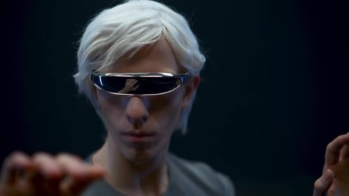 Man Virtual Reality Goggles Playing Augmented Reality Game Closeup. Focused Guy Using