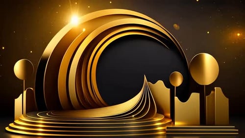 Golden Awards Stage Background with Abstract Arches and Glowing Particles