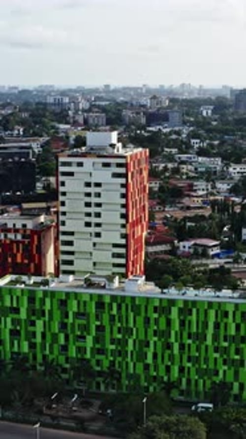 Urban landscape of Accra showing colorful buildings and city life