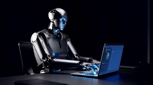 Humanoid Robot Typing on Laptop in Dark Futuristic Office