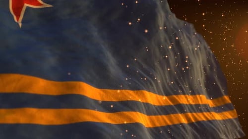Aruba Flag Waving with Golden Glitter Particles Background