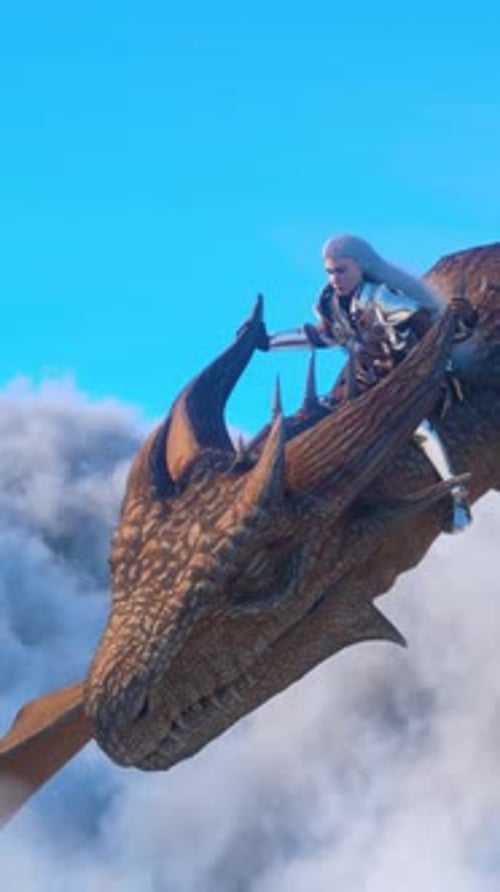 White haired female warrior knight flies on a dragon above the clouds.