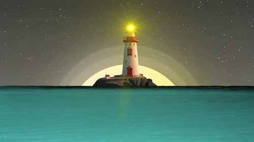 Light House Animation Behind Sun Appear, Ocean Wave And Stars Are Blinking At Night In The Sky