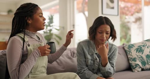 Sad woman, advice and friends on sofa with conversation, support and solution