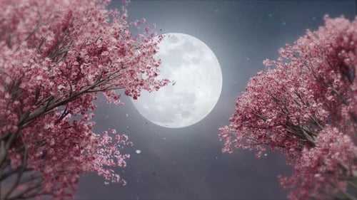 Dreamy Cherry Blossom Trees with Full Moon Night Nature Loop