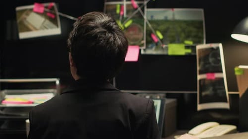 Focused Detective Working at Desk Late at Night