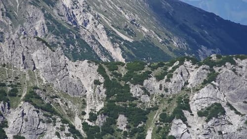 Gros plan d'une montagne alpine accidentée avec des rochers blancs et des parcelles vertes d'arbres et de prairies