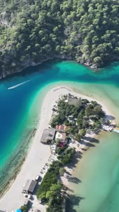 Aerial View Tropical Island Beach, Blue Lagoon, Boat