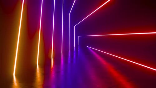 Vibrant Neon Lights Abstract Purple Red Orange Glowing Lines Dark Room Futuristic Design Digital Art