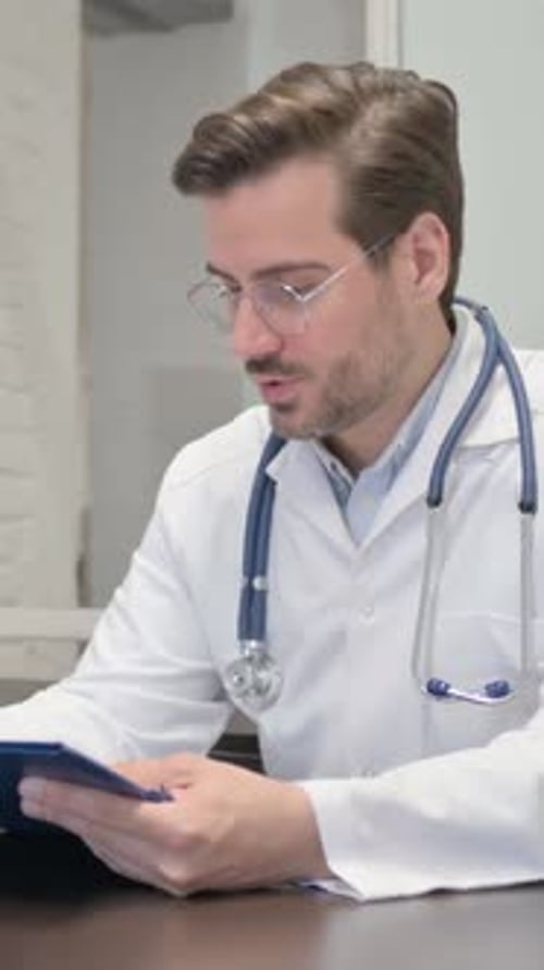 Male Doctor Talking with Female Patient in Clinic, vertical video